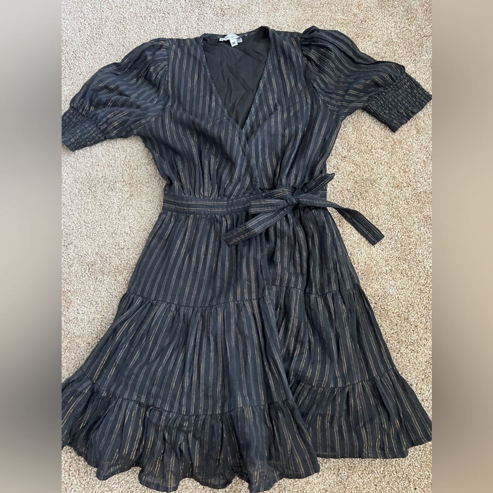 karina grimaldi black and gold wrap dress